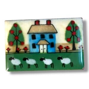 Vintage Enamel Pastoral Farmhouse Scene Pin